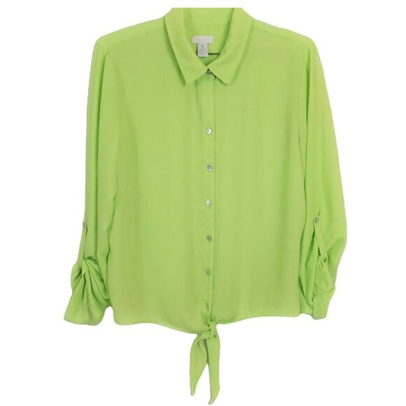 ❤️280 Chico's Button Down Tie- Front Neon Green Top - Picture 1 of 6